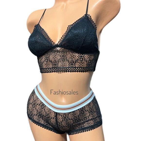 Victoria’s Secret Sheer Mesh Lace padded bralette & shortie mini short black S - Picture 3 of 4